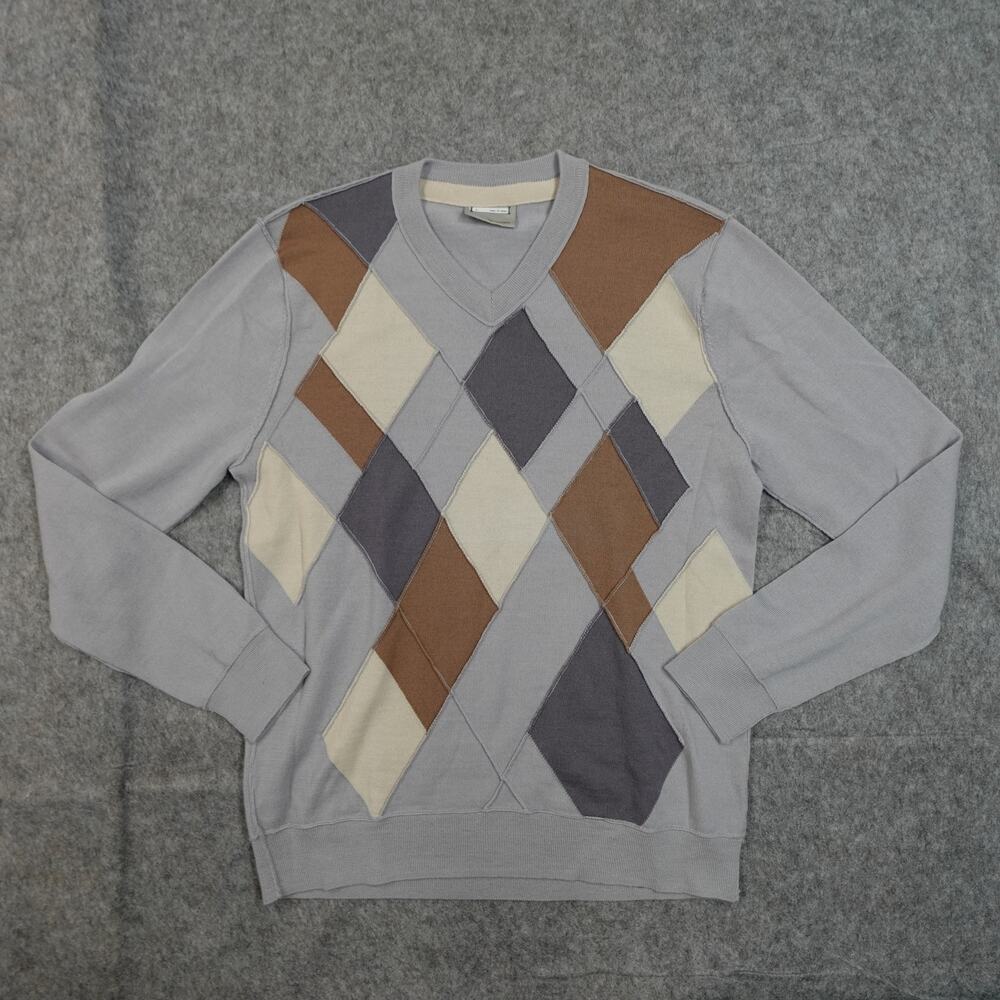 Public Opinion Sweater Mens Large Argyle Knit Crew Neck Long Sleeve‎ Gray Brown